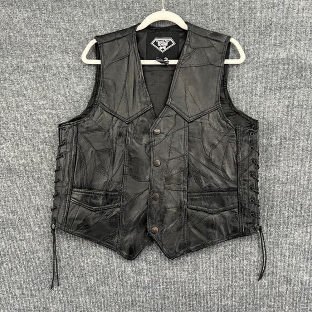 Diamond Plate Buffalo Leather Patchwork Biker Ves… - image 1